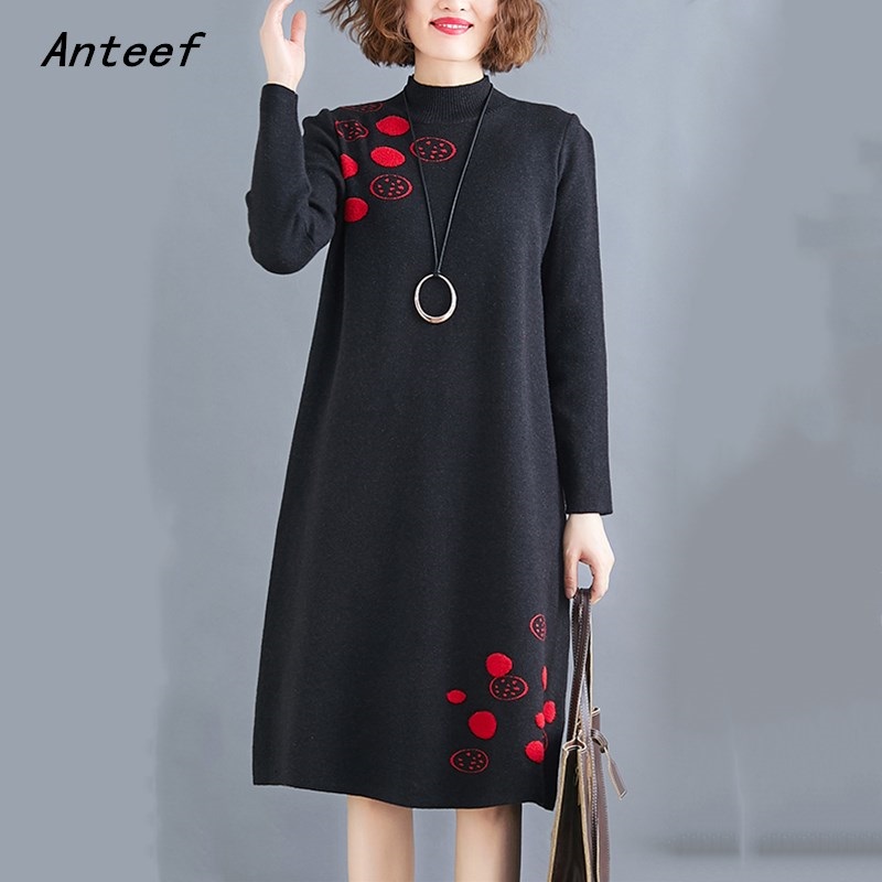 

long sleeve plus size knitted vintage women casual loose midi autumn winter sweater elegant dress clothes 2019 ladies dresses, Black