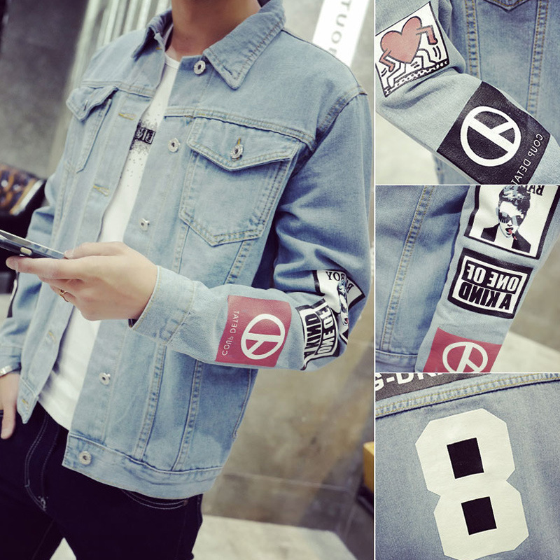 

New 2020 Fashion spring autumn street light blue men's denim jacket trend lapel printed letters patch teenagers casual jacket, Sky blue