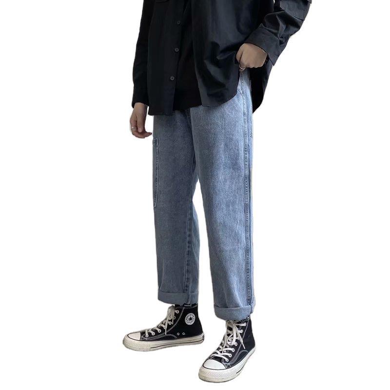 

Spring and autumn 2020 Fashion Denim Korean washed retro wild straight wide leg pants men' loose casual printed teenagers jeans, Black