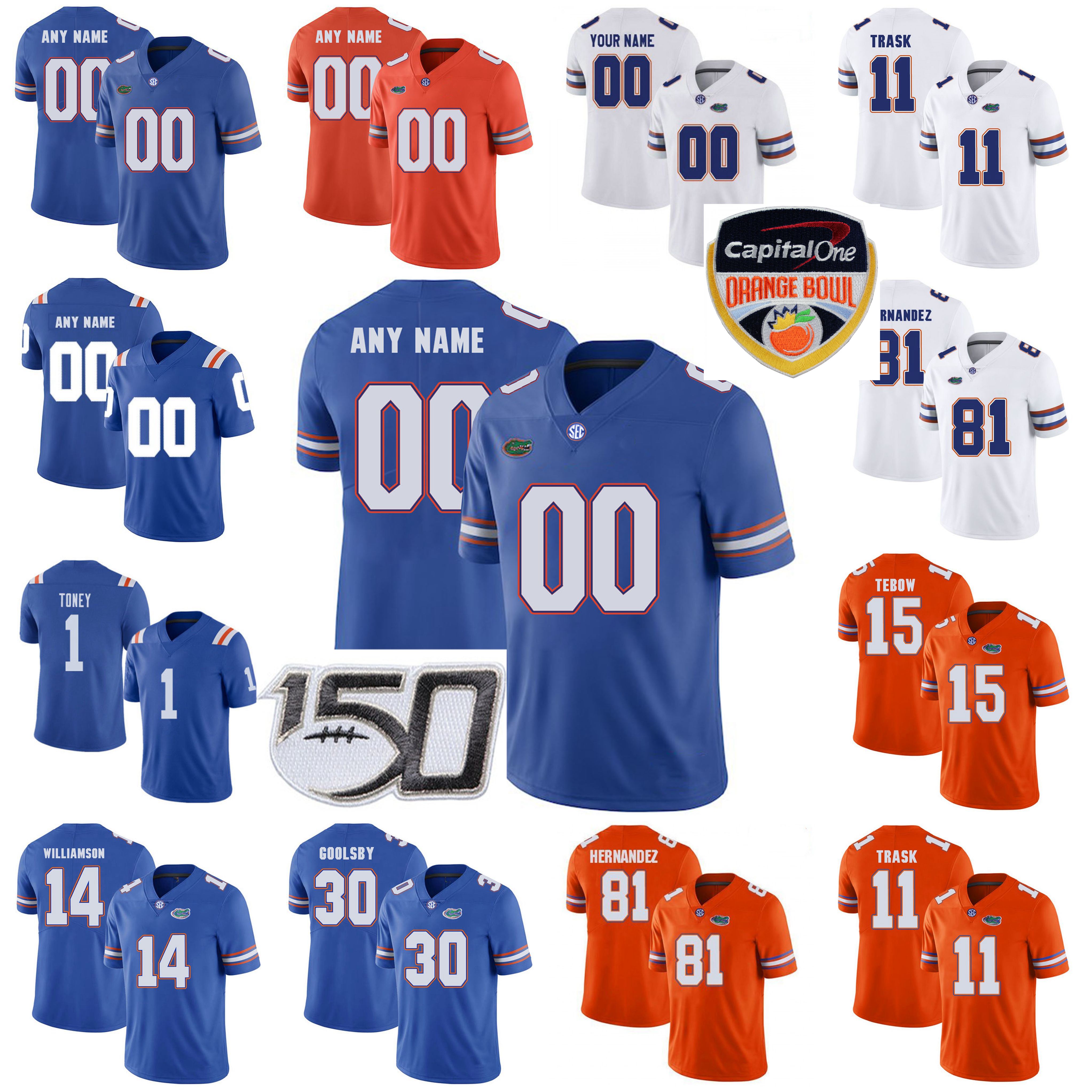 

Florida Gators College Football Jerseys Kids Youth Kyle Pitts Jersey Tyrie Cleveland John Huggins Emmitt Smith Freddie Swain Custom Stitched, Men's blue with 150th patch