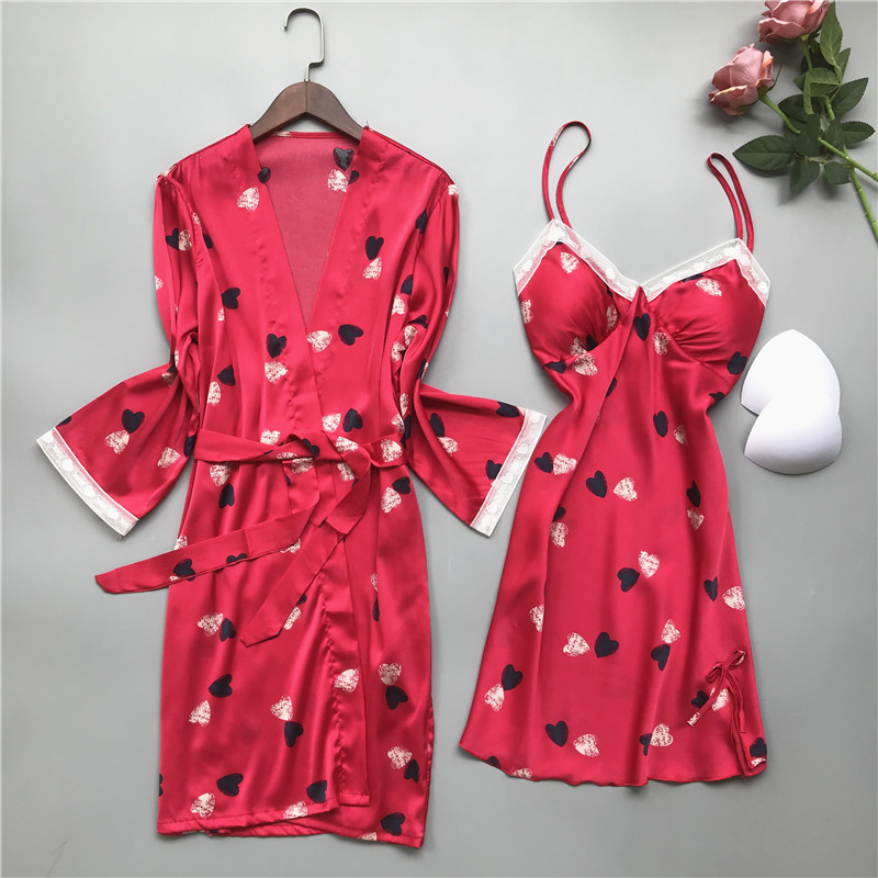 

2020 Women Sexy Lace Silk Robe & Gown Set Sleep Dress Piece love Floral Robe Sleepwear Soft Comfortable 2PC Night Skirt homewear, Pink love