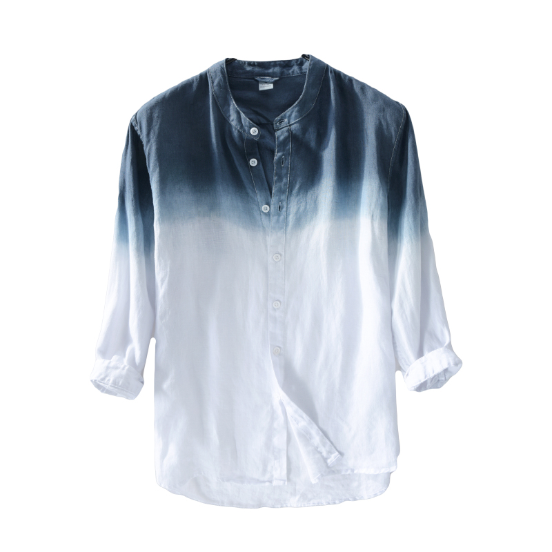 

Suehaiwe's brand long sleeve gradient linen shirt men casual fashion stand collar flax shirt mens comfortable chemise camisa, Black