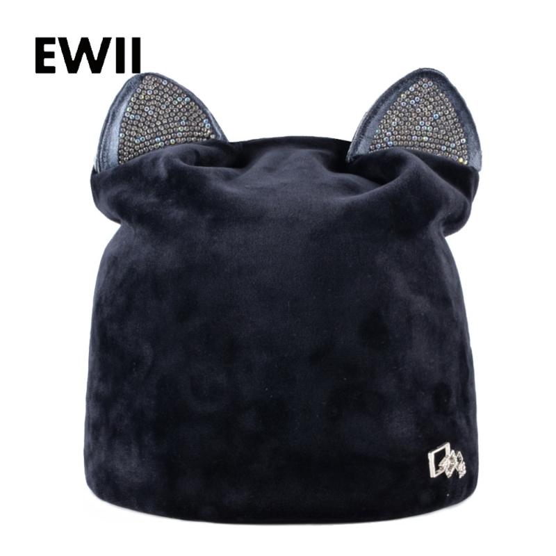 

Rhinestone beanies cap with ears skullies women autumn winter hats for ladies fashion beanie cat hat women casual velvet caps, Blue