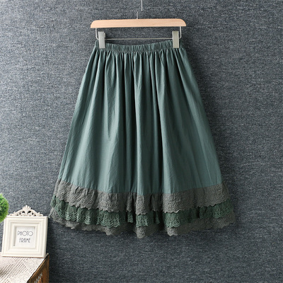 

Summer new autumn clothing art small fresh elastic waist layer embroidery lace skirt cotton loose skirt women, Beige