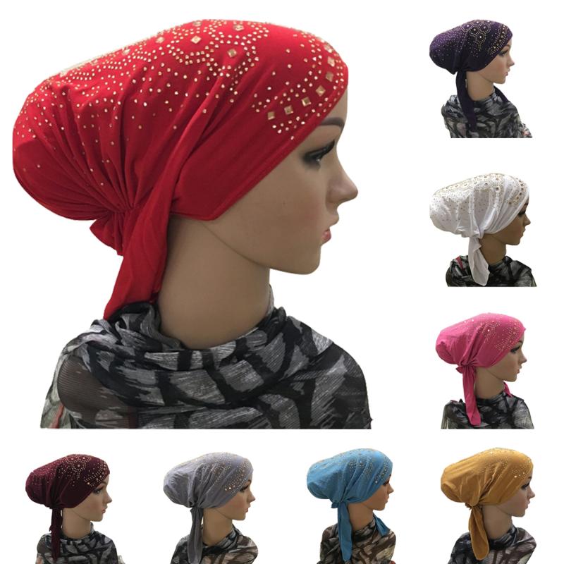 

Muslim Women Inner Cap Sequins Bandanas Hair Loss Hat Long Tail Beanies Skullies Islamic Arab Turban Bonnet Underscarf Fashion