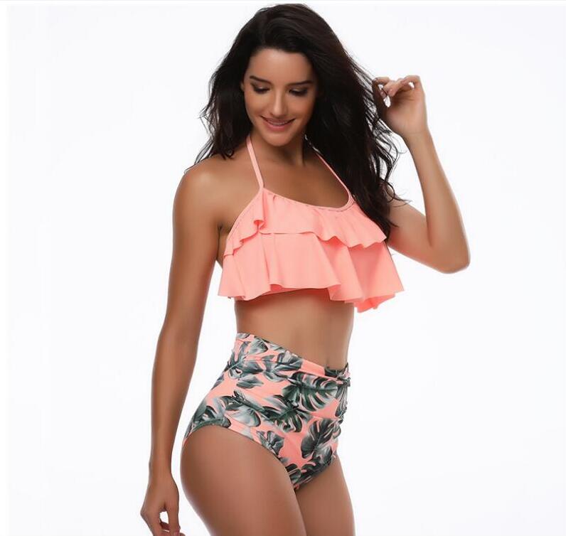 

2018 Bikini Set Double Ruffle Swimwear Women Sexy Swimsuit Off Shoulder High Waist Swim Wear Beach Bathing Suits DHL FREE SHIP