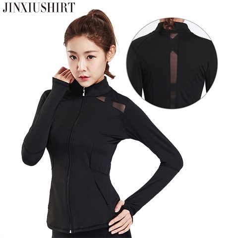 

JINXIUSHIRT Womens Workout Jackets Hardlopen jas Zwart Running Jacket Lady Winter Jerseys Windproof Fitness Gym Net Yarn Sexy, Black