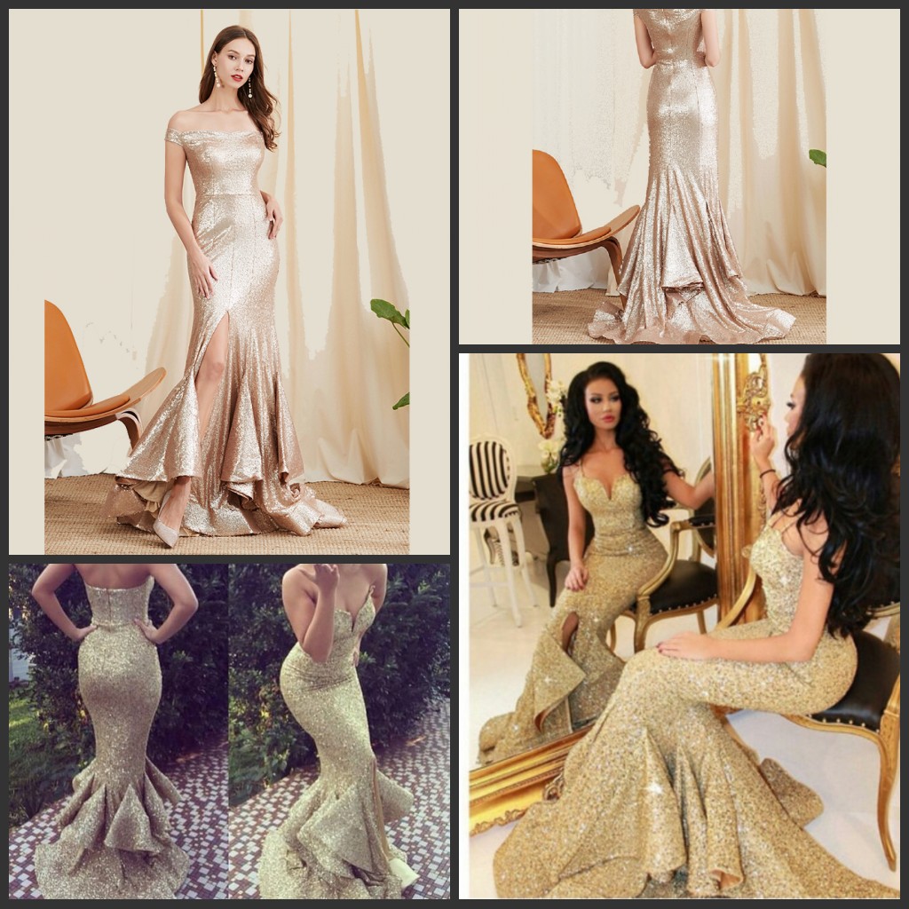 

Sequined Evening Dresses Gown with Split Off the Shoulder Gold Prom Dress Ruffle Mermaid Sexy Formal Dresses Front Slit, Navy
