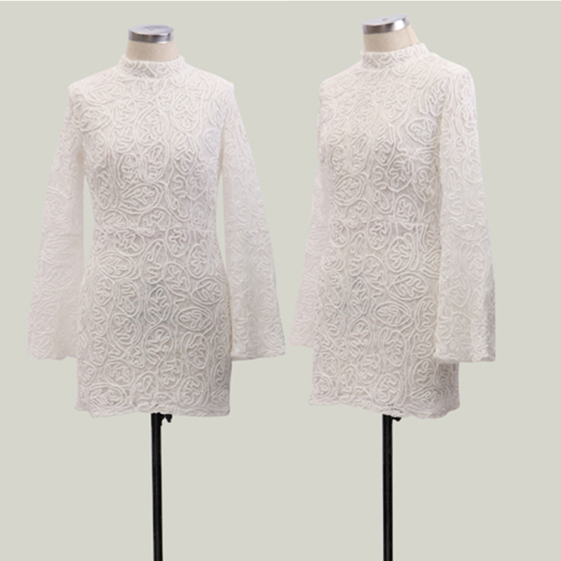 

Womens Dress Ladies Lace Skinny Pencil Party Zipper Cocktail Long Sleeve Bodycon High Neck, White