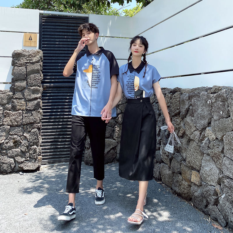

2020 New Summer Korean Trend Couple Harajuku Loose And Fresh Japanese Large Size Casual Letter Printed Cotton Shirt, S top skirt m 2xl