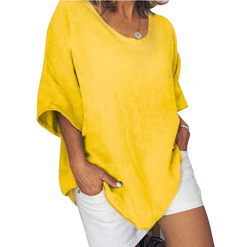 

Women Short Sleeve Shirt Blouses 2019 Spring Summer Solid Color Shirt O-neck Pullover Tops Casual Cotton Blouses Female -5XL, Blue