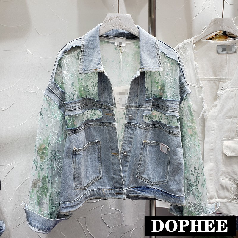 

Denim Lace Jacket Women Spring Autumn New Sequin Embroidery Hole Stitching Mesh Sunscreen Jeans Coat Female Coat Chaqueta Mujer, Blue
