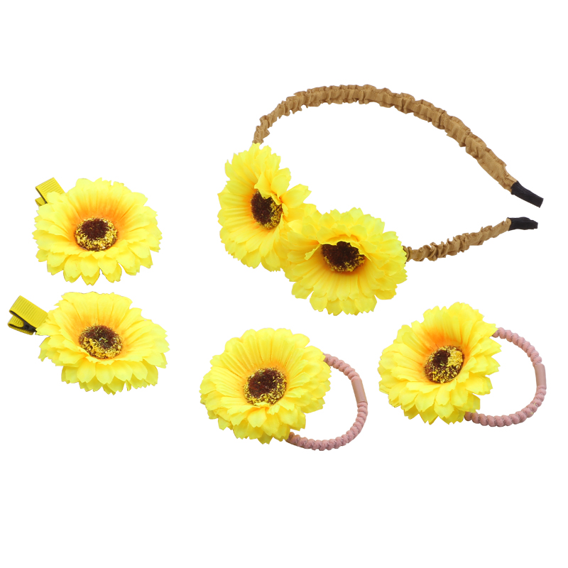 

5pcs /set Kids princess Sun flower Children Accessories Hairband Hairpins Gum for Hair Baby Girls Lovely Headwear Hair clip, As picture