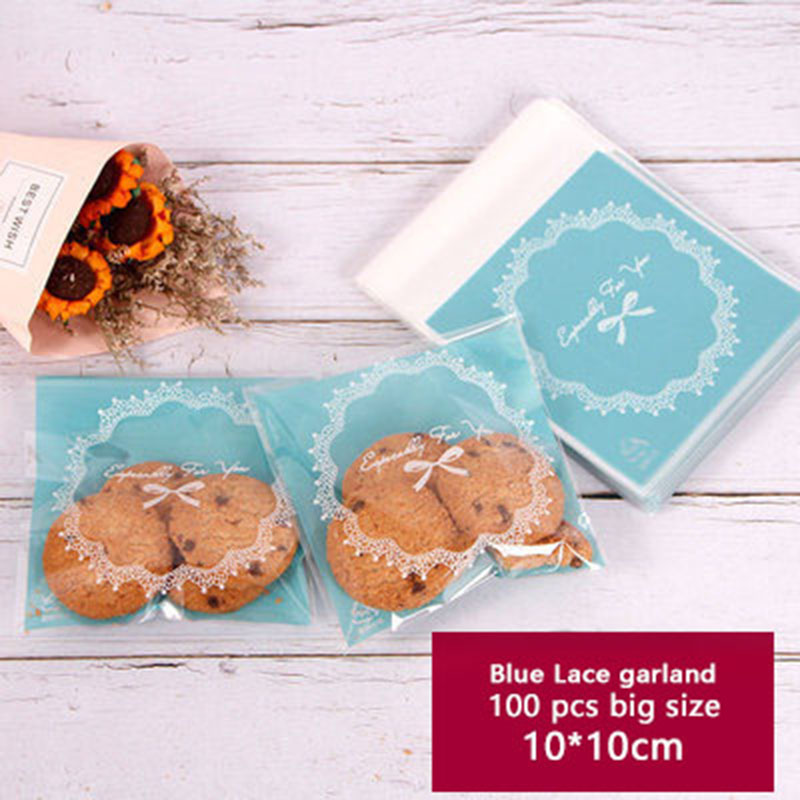 

100pcs Self Adhesive Packaging Bag Blue Frosted Background White Lace Garland Soap Biscuits Birthday Party Gift Bag