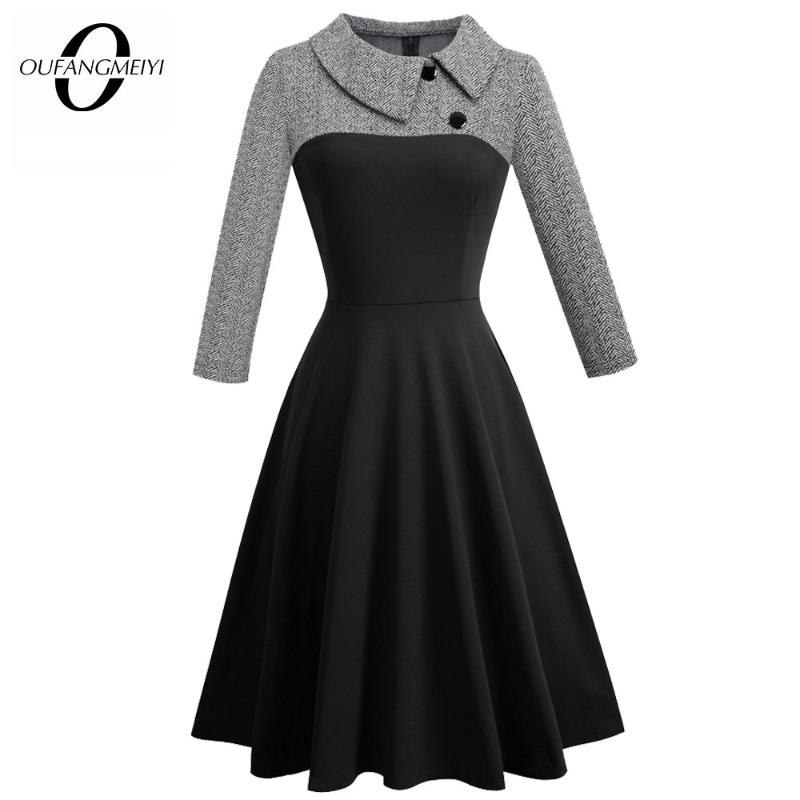 

Women Vintage Patchwork Autumn Casual Business Skater Dress Buttons Turn-Down Collar A-Line Party Office Dress EA136, Gray and black