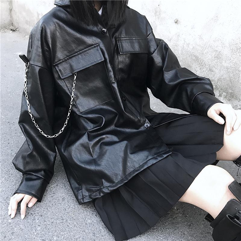 

Pu Leather Jacket Women Loose Harajuku Soft Silver Leather Outwear Unisex Motorcycle Coat Chain Hip-hop coat Tops PY107, Black