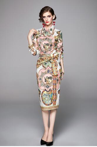 

Women's new style Lapel fashion printing long sleeve production line + Split hip skirt suit, White