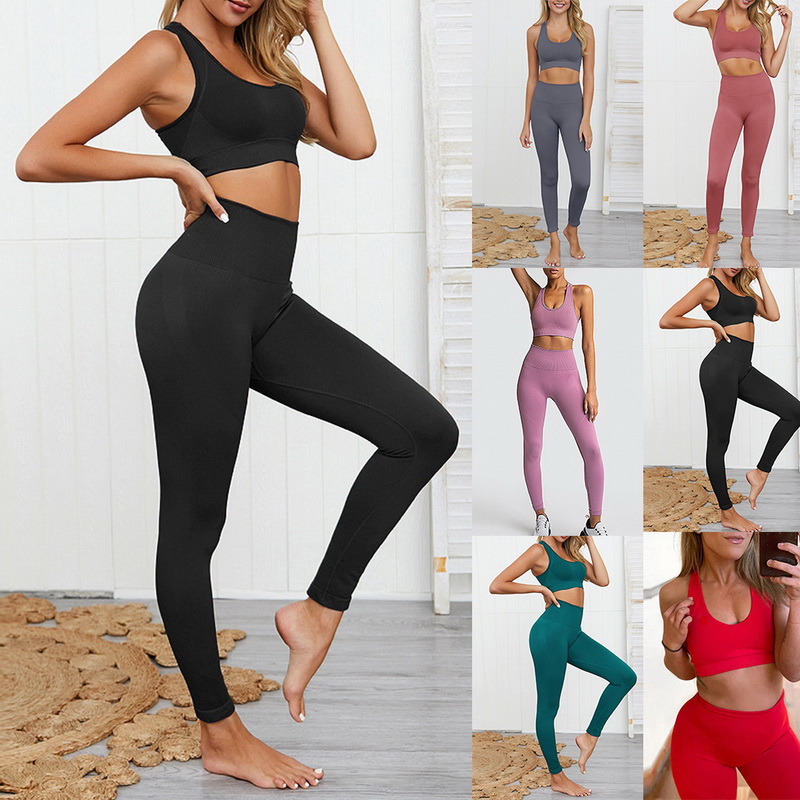 

Vertvie 2 pcs/set Seamless Women Sport Suit Gym Workout Clothes Fitness Crop Top And Scrunch BuLeggings Yoga Outfits Set, Black