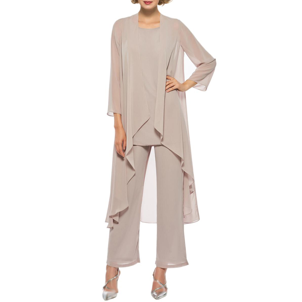 Three Piece Mother of the Bride Pant Suits for Wedding Chiffon Mother of the Bride Dresses Plus Size with Long Jacket Mother of Groom Dress-image-493671508