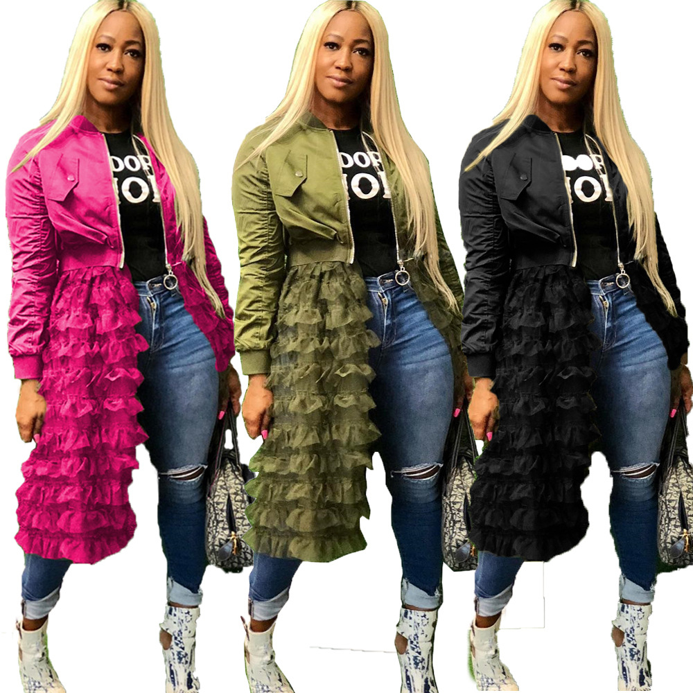 Women Autumn Winter Long Sleeve Jackets Fashion Mesh Patchwork Zipper Coats Y190810