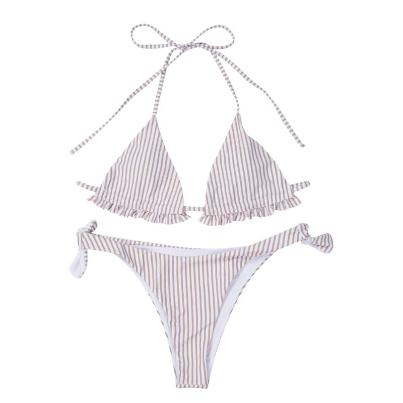 

2020 Women New Striped Two-piece Bathing Suit Lace-up Halter Top Swimming Suit Ladies Mid Waist Thong Wire Free Swimwear, As photo shows
