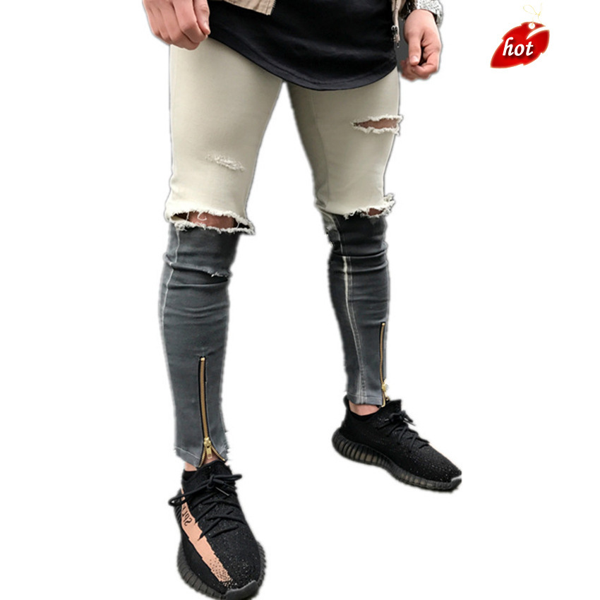 

Men's Jeans Vintage Skinny Destroyed Ripped Streetwear Jeans 2019 Spring Casual Hip Hop Zipper Pencil Plus Size O8R2, White