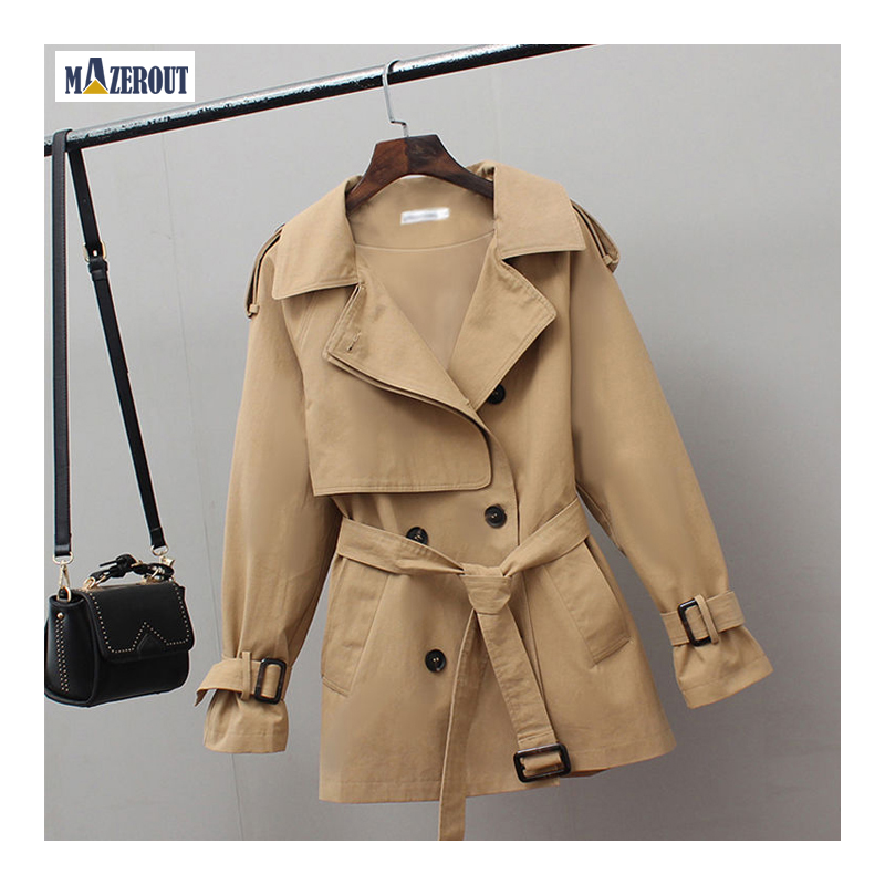 

MAZEROUT New Autumn Spring Women's Coat Slim Windbreaker Female Plus Size Double Breasted Ladies Long Classic Trench Coats S-3XL, Beige short