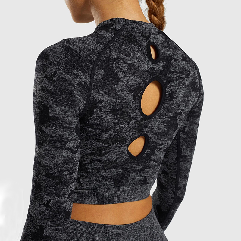 

Camo Seamless Yoga Shirts Women Gym Crop Top Long Sleeves Running Sport T-Shirts Women Fitness Yoga Top Workout Tops, Black