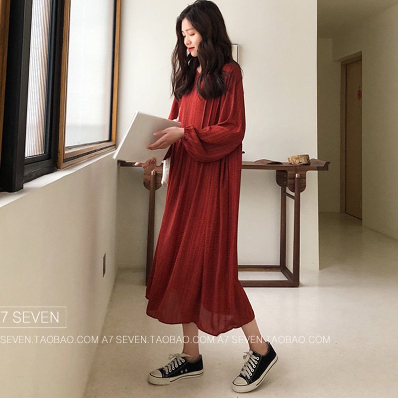 

Summer large size women's color matching loose long-sleeved dress female long section with a waist slimming chiffon dress female, Black s30