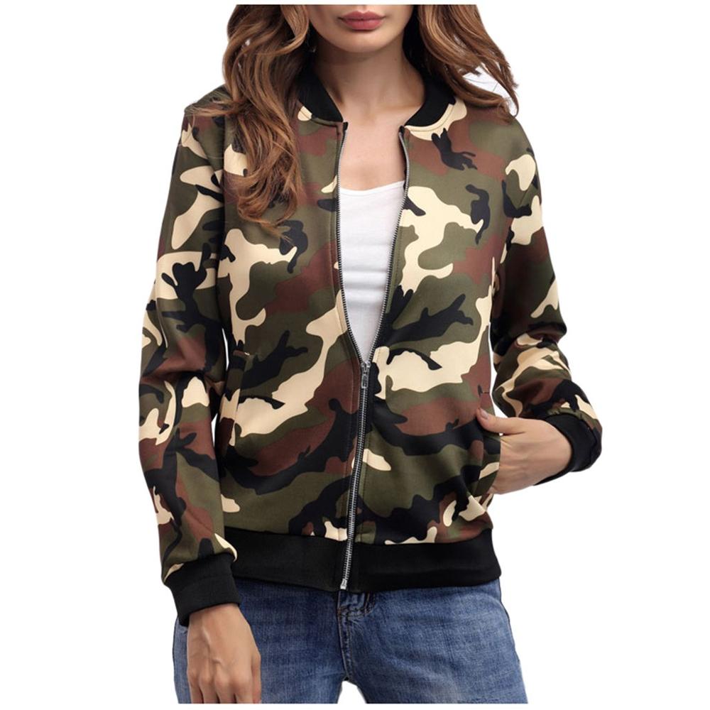 

Women' Camouflage Print Fashion Baseball Coat Casual Exercise Sport Zipper V-neck Jackets For Ladies 2019 Outwear Clothes, Green