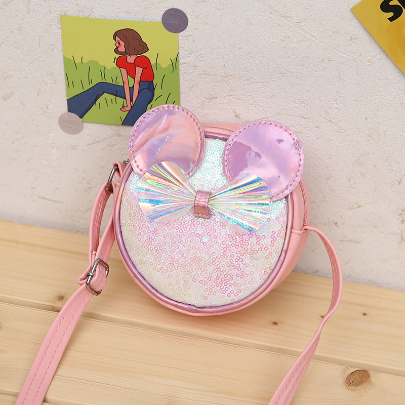 

Lovely Children's Small Round Shoulder Bag Girls Princess Sequin Bow Coin Purse Cute Baby Kids Mini Messenger Bags Accessories, Silver a