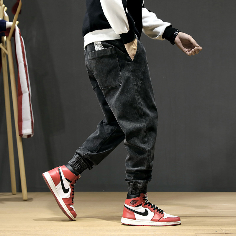 

Japanese Style Fashion Men Jeans Loose Fit Spliced Designer Denim Cargo Pants Men Harem Jeans Streetwear Hip Hop Joggers, Black