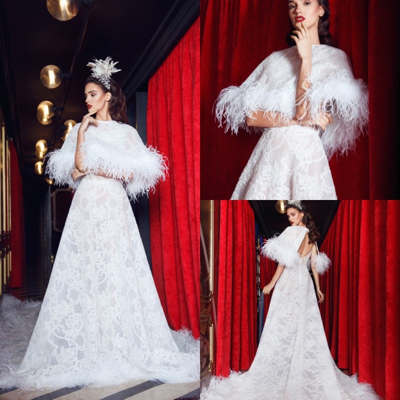 

2019 Luxury White Prom Dresses Jewel Neck Lace Appliqued A Line Backless Evening Dress Party Wear Feather Special Occasion Gowns, Light yellow