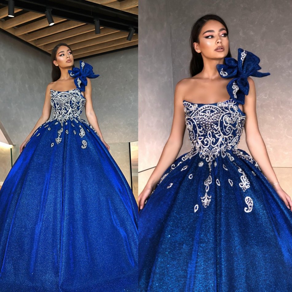 

Ball Gown Prom Dresses Royal Blue Puffy One Shoulder Beads Evening Gowns Lace Appliqued Runway Fashion Dress, Silver