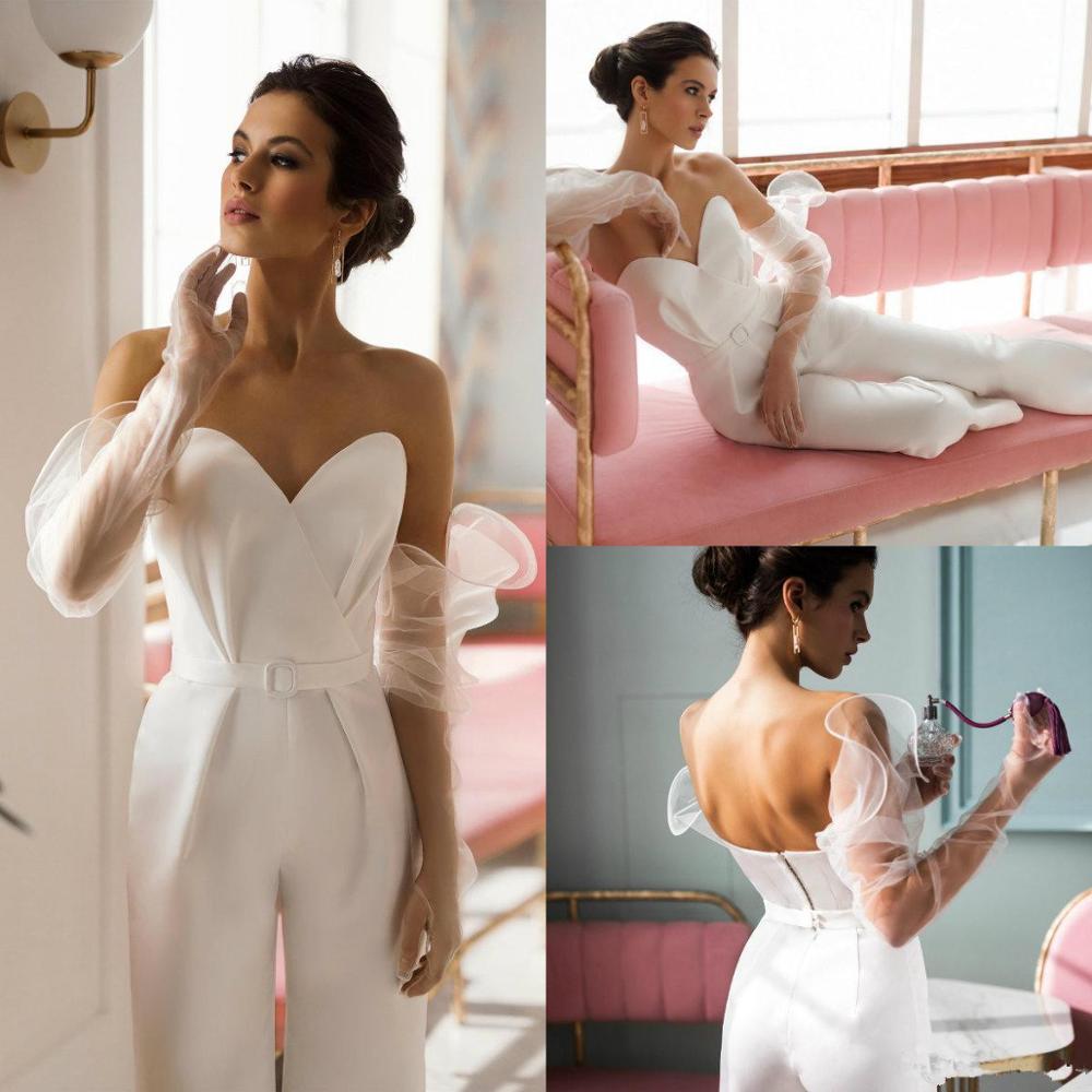 

Country Jumpsuits 2020 Wedding Dresses With Detachable Sleeve Sweetheart Satin Pants Beach Boho Bridal Gowns Vestido De Novia, White