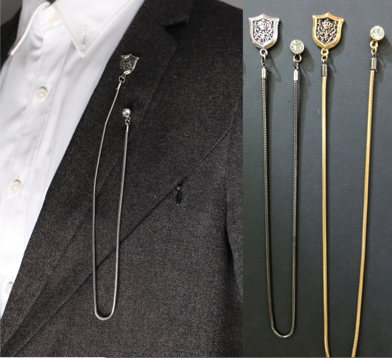 

British Style Long Chain Brooches for Men's Suits Silver and Golden Colors Metal Shield Badge Party Wear Man Brooches Pins 2020 New Fashion