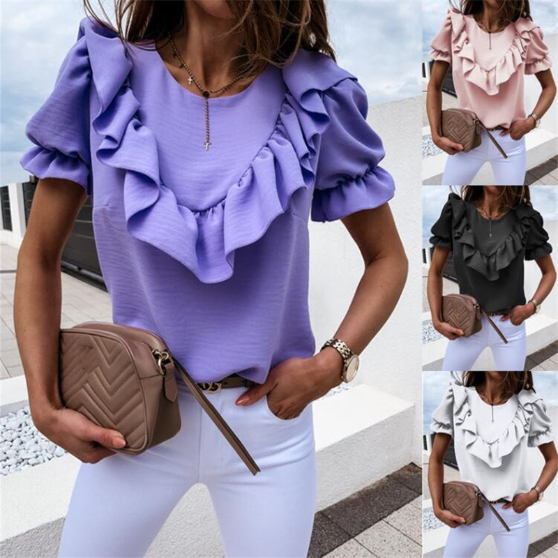 

2020 Summer Popular Purple Ruffled Detail Top Women Modern Ladies Short Puff Sleeve Lolita Style Soft Quality T Shirt Streetwear
