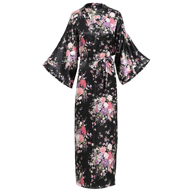 

Elegant Women Long Kimon Robe Exquisite Print Flower Bathrobe Gown Intimate Lingerie Casual Satin Soft Wedding Robe Pajamas