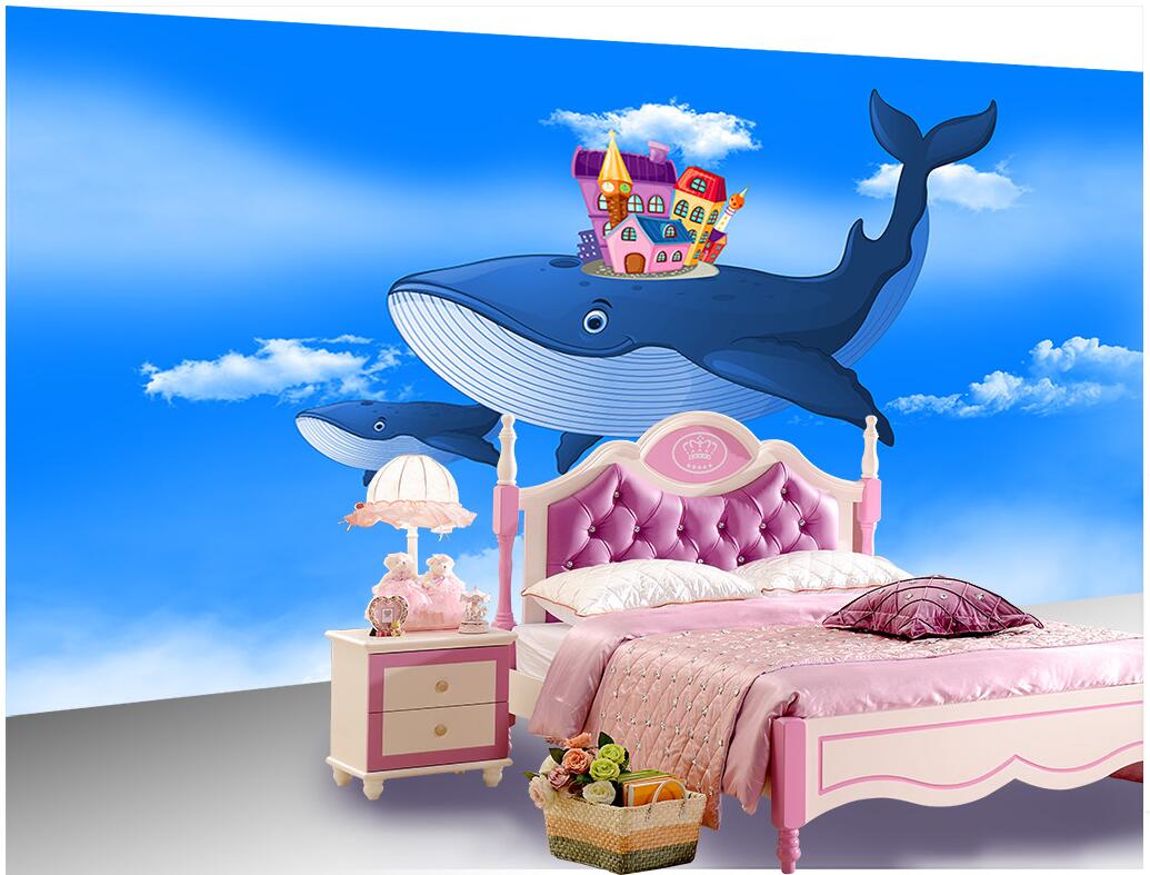 

WDBH custom photo 3d wallpaper Fantasy cartoon flying whale care house children's room home decor 3d wall murals wallpaper for walls 3 d, Non-woven