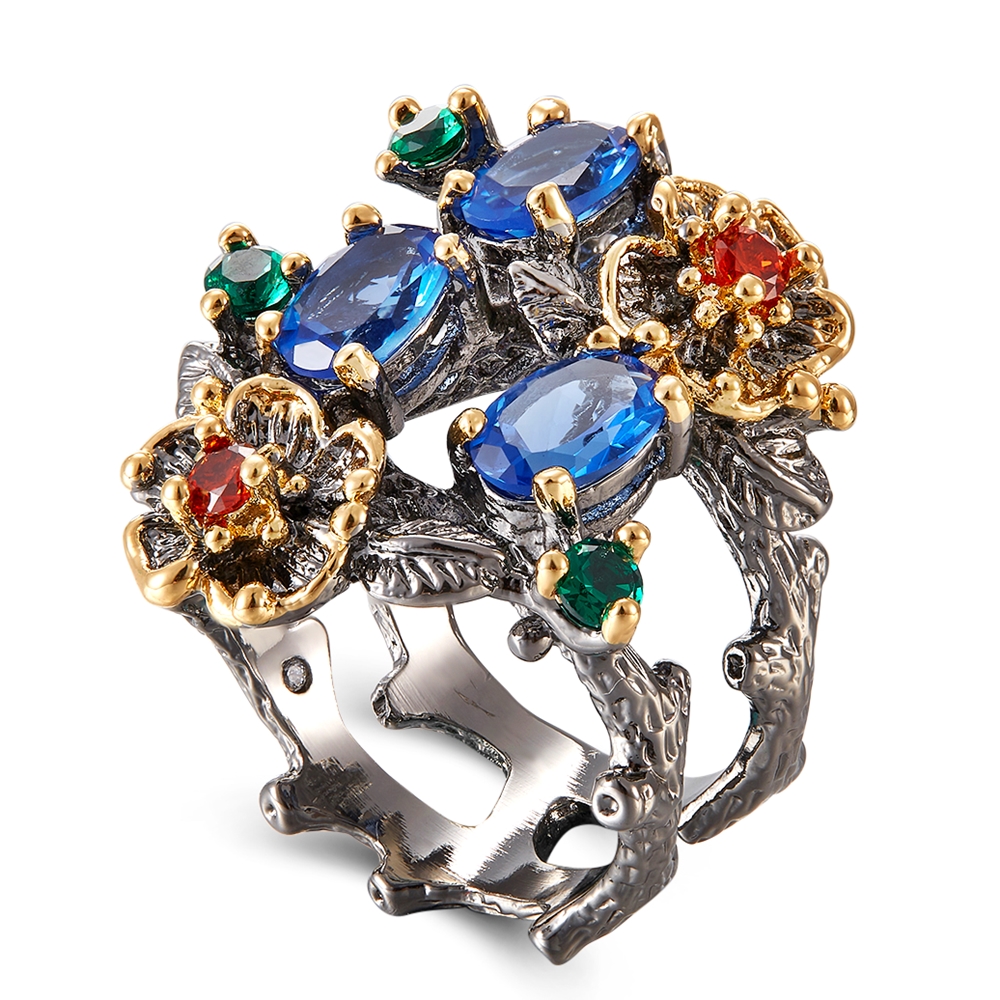 

Oval Blue stone CZ Ring Mix Colorful cubic zirconia Jewellery Hollow Flower Women's Fashion Copper Jewelry Cocktail rings