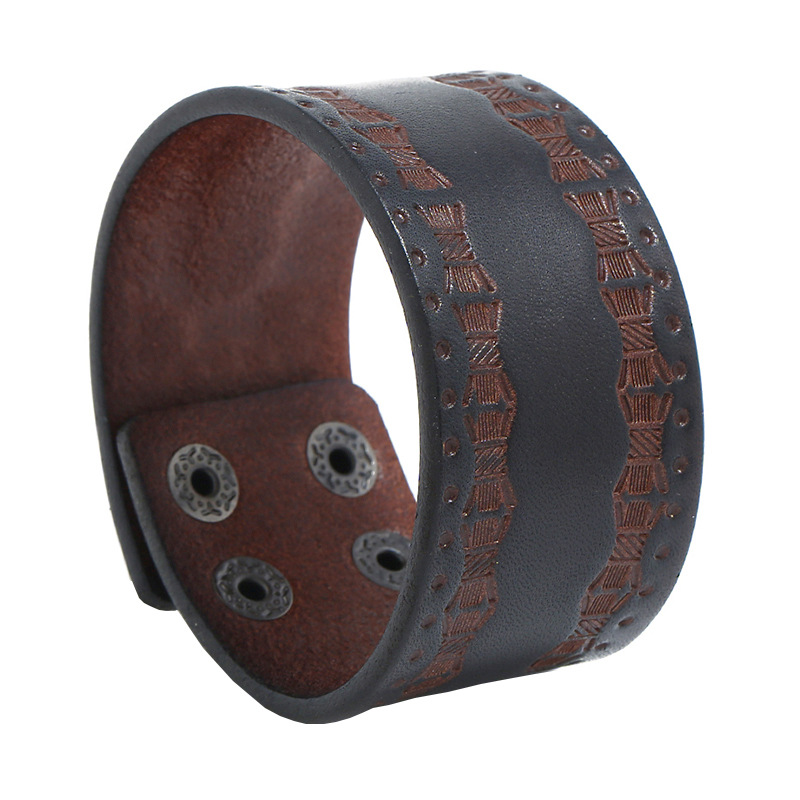 

Vintage Genuine Leather Wide Bracelet Bangle Wide Cuff Printing Bracelets Wristband Alloy Botton Punk Style Women Men Jewelry