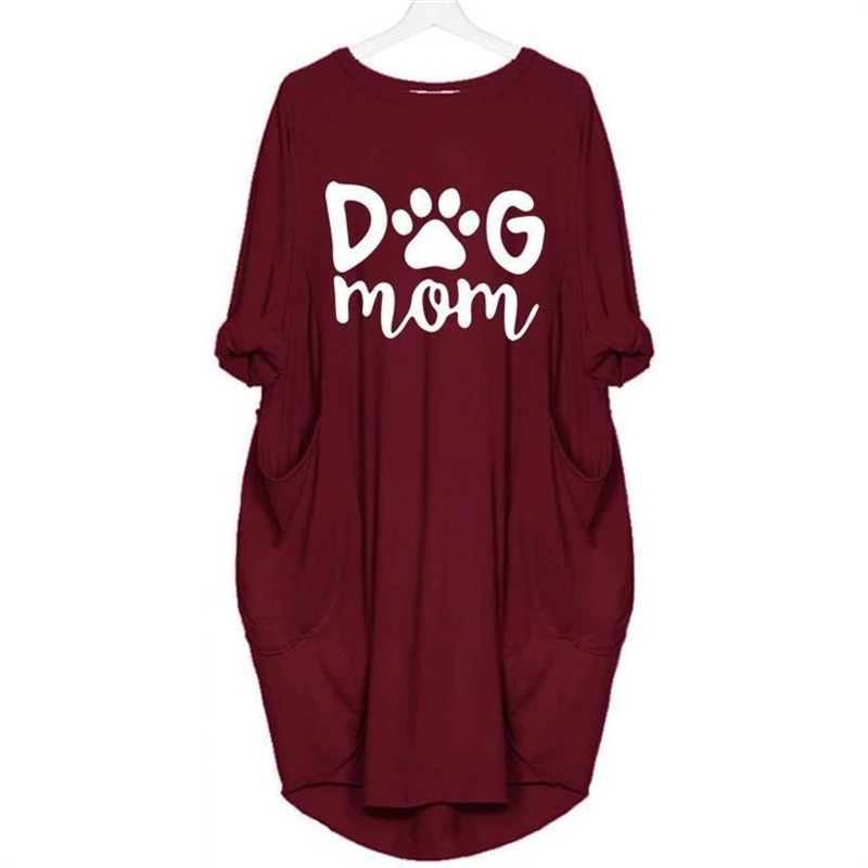 

New DOG MOM Letters Print Dress For Women Pocket Plus Size T-Shirt Dresses Female Women Femme Plus Size Fall Club Dress Vestidos, Solid