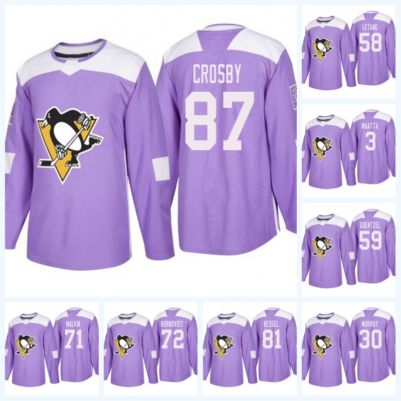 

58 Kris Letang Pittsburgh Penguins Purple Fight Cancer Practice Sidney Crosby Jake Guentzel Evgeni Malkin Patric Hornqvist Hockey Jersey, 43
