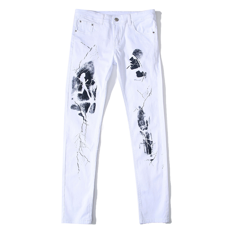 

Fashionable Casual Simple Jeans New Printed Jeans Male Pattern Slim Fashion Elasticity Feet White Pants Men