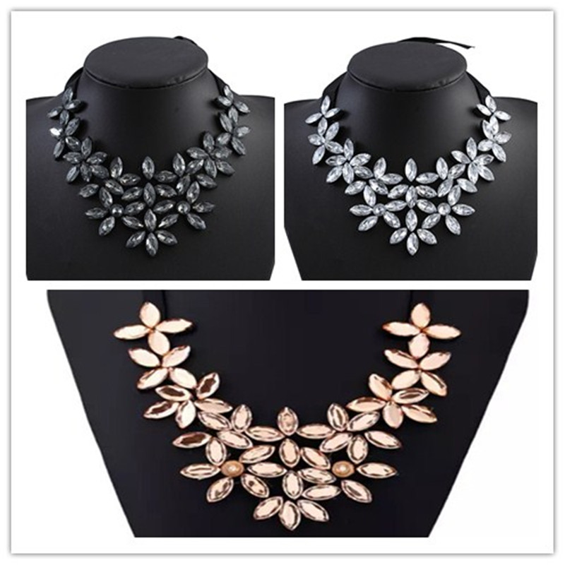 

New Punk Chunky Ribbon Chain Short Necklace Crystal Multi Layer Flower Choker Bib Collar Necklaces For Women 3 Colors