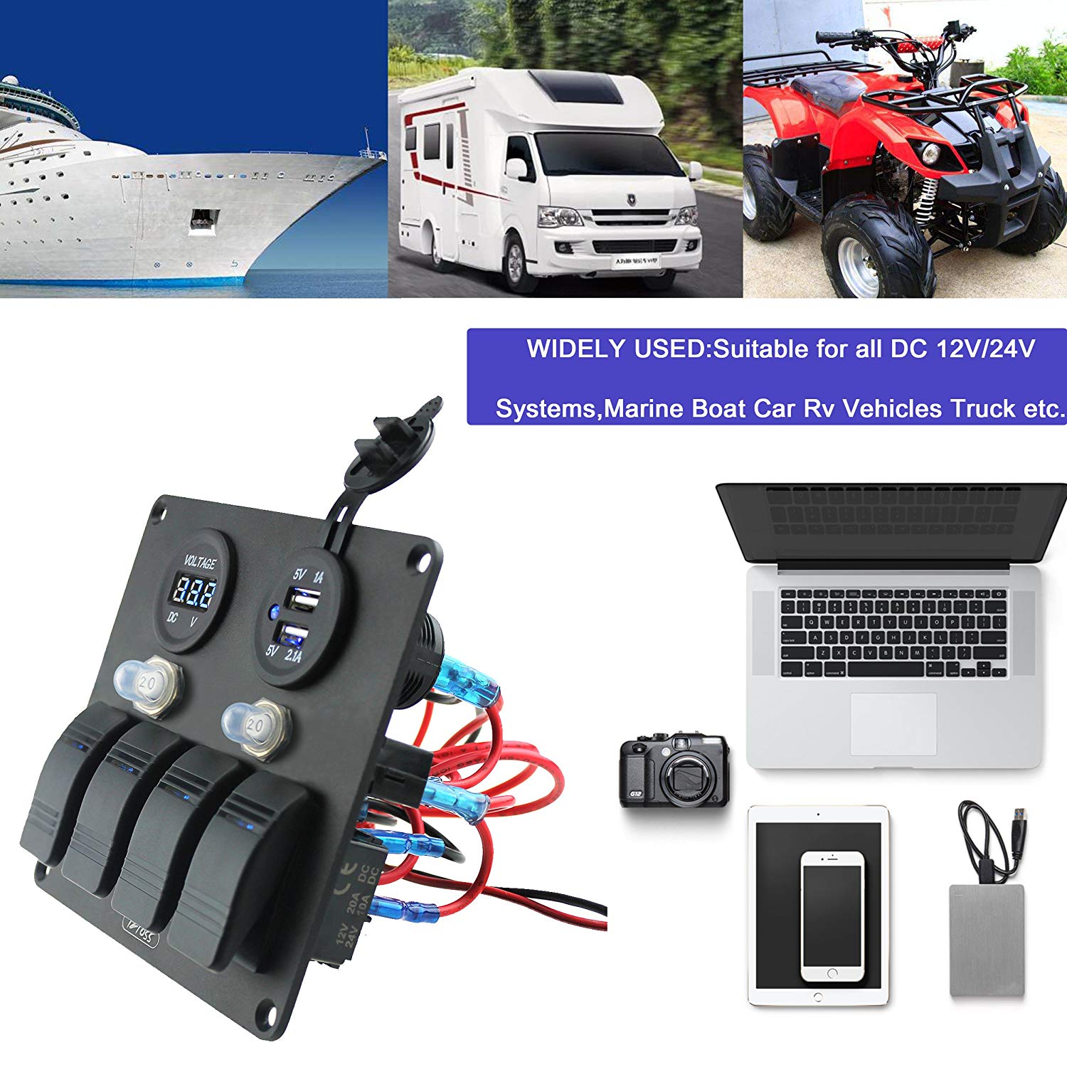 4 Gang 3pin Rocker Toggle Switch Panel with Circuit Breaker Power Charger Socket Dual 3.1A USB and Installation kits for Marine Boats Car Ve-image-462344570