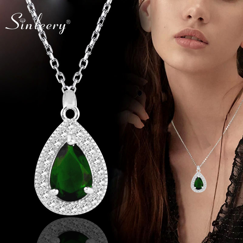 

SINLEERY Elegant Blue Green Crystal Teardrop Necklace Pendants Lady Silver Color Link Chain Wedding Party Jewelry XL159 SSB