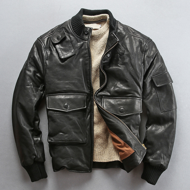 

winter 2020 men's down stand collar sheepskin genuine jacket men safary style real leather coat male, Black
