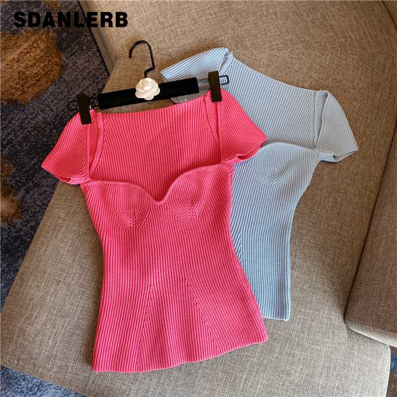 

Knitted T-shirt for Women Square Collar Sexy Bra Short Sleeve Knit Shirt Ladies Slim Fit Tops Jumper, Black
