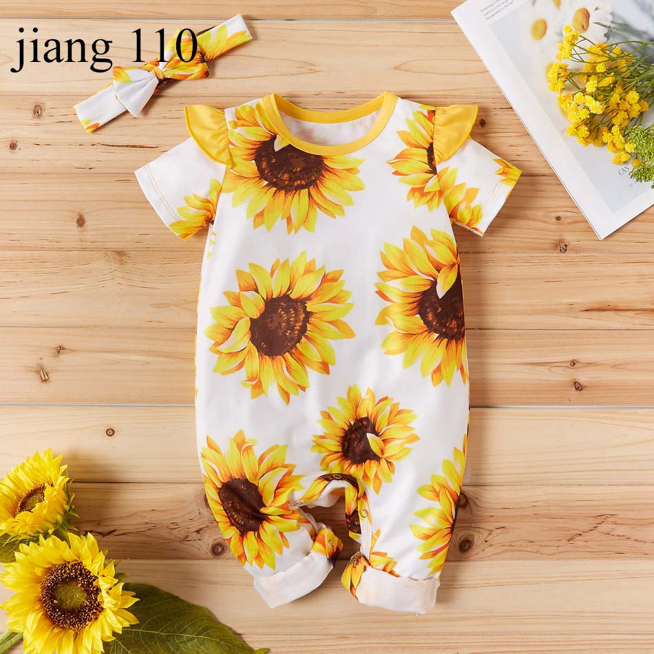 

Newborn Baby Romper Baby Girl Cute Bodysuits Rompers Jumpsuits Infant Toddler Clothing Soft Ruffled Sunflower Onesies Bodysuits with Headban, 1 lot=2 pieces=1 romper + 1 headband